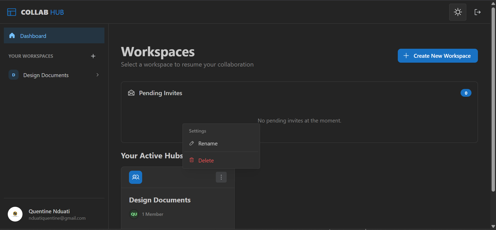 CollabHub Dashboard - A Custom SaaS Collaboration Tool interface